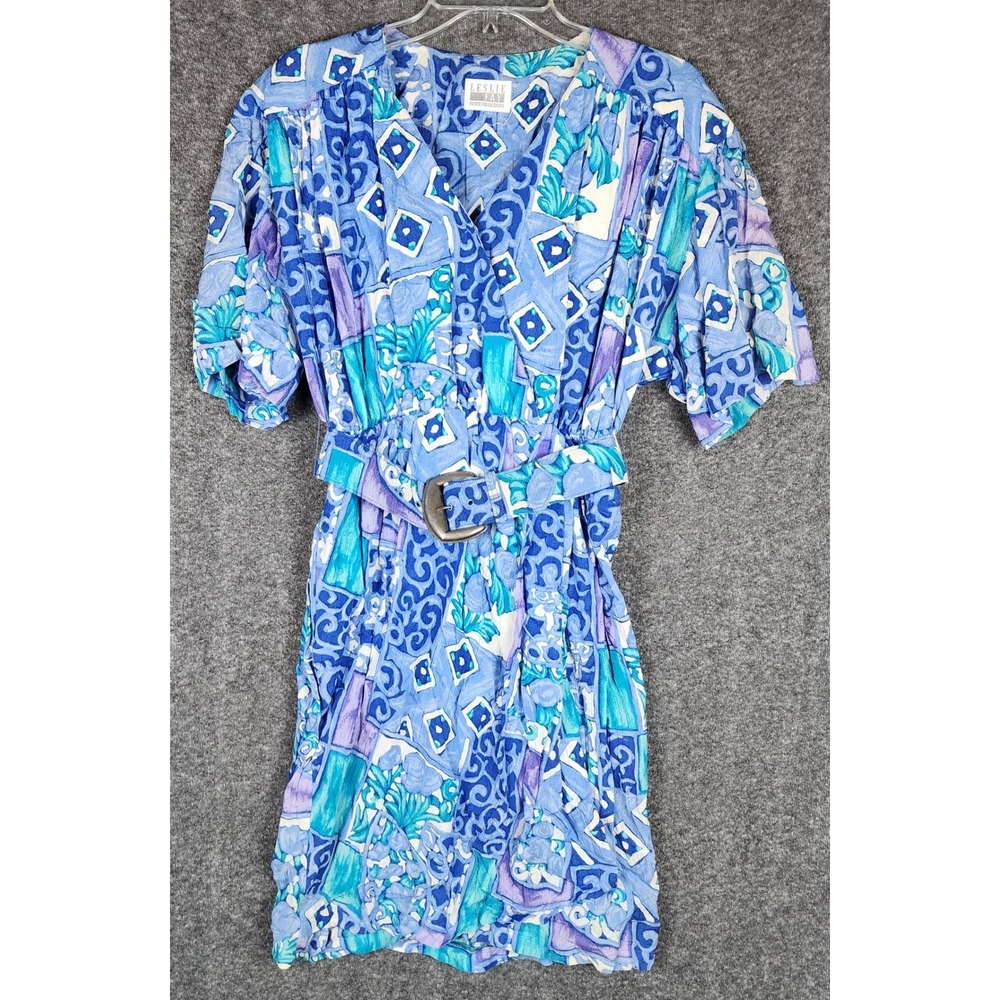 Leslie Fay Dress Womens Petite Blue Abstract Geometric Belted V-Neck EUC